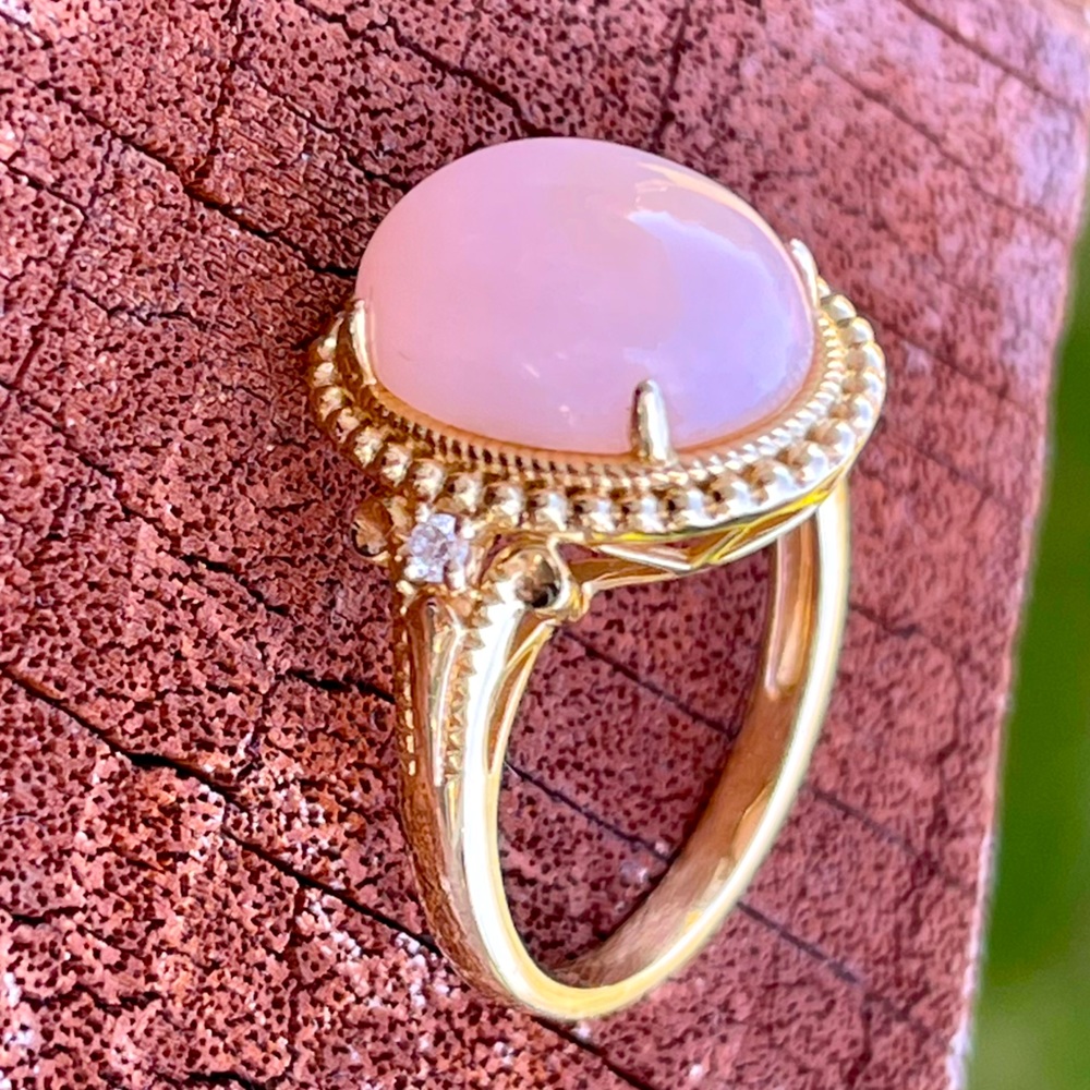14K Yellow gold natural Oval cabochon Peruvian pink opal & diamonds ring RARE - Picture 11 of 16